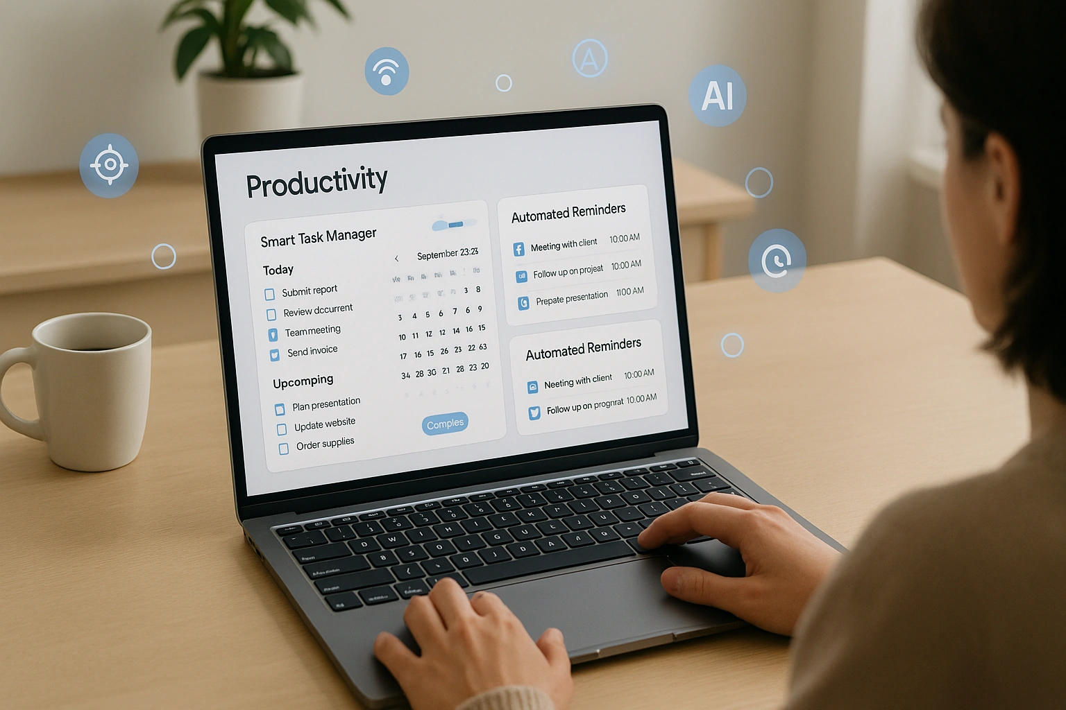 A remote worker sitting at a clean desk, using a laptop with AI productivity apps displaying a task manager and calendar, symbolizing efficient schedule and task management.