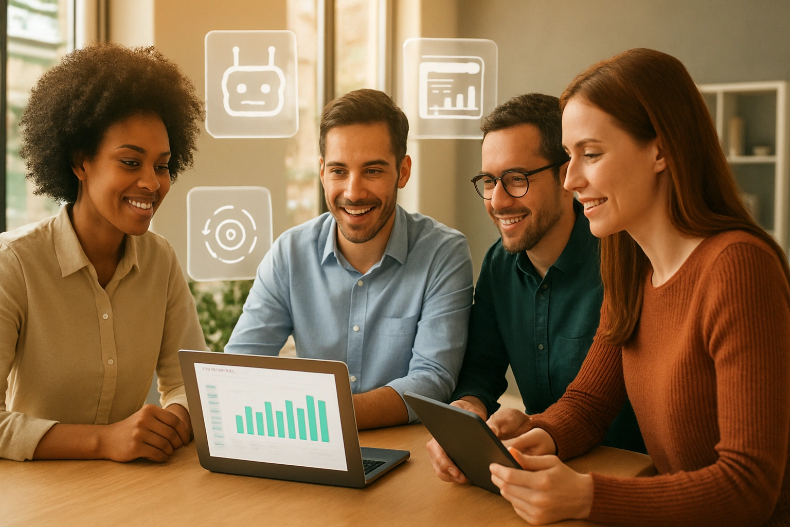 A small SME team collaborating in an office, surrounded by icons representing AI tools like chatbots, CRM, and analytics, illustrating AI-driven productivity and efficiency