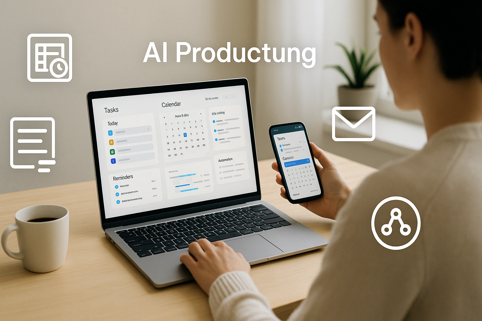 A realistic photo-style 169 thumbnail showing a remote worker at a clean desk using AI productivity apps on a laptop and smartphone, with icons of automation, scheduling, summarization, and email management ar