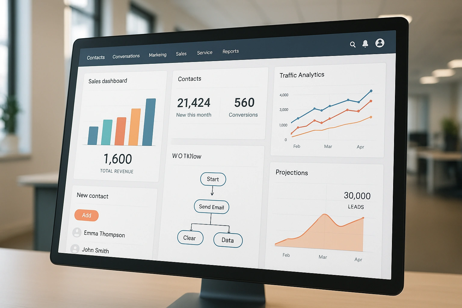A computer screen displaying the HubSpot dashboard with analytics, workflows, and CRM tools, illustrating the software used in an AI CRM case study.