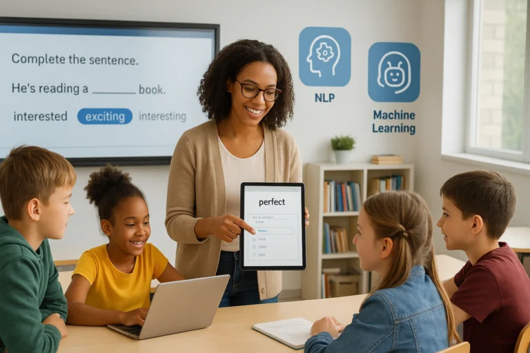 A language teacher using AI tools on a tablet in a modern classroom, with students engaged in interactive language exercises and visual icons representing NLP and machine learning.