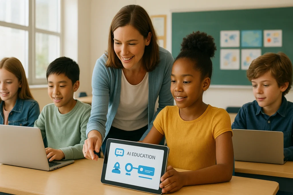 A modern classroom where a teacher and students collaborate using AI tools, illustrating real-world AI in education case studies and success stories