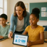 A modern classroom where a teacher and students collaborate using AI tools, illustrating real-world AI in education case studies and success stories