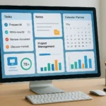 A modern workspace showing a digital dashboard with productivity apps, including task lists, notes, a calendar, and project management tools, illustrating a productivity system for maximizing efficiency