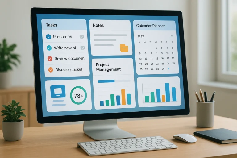 A modern workspace showing a digital dashboard with productivity apps, including task lists, notes, a calendar, and project management tools, illustrating a productivity system for maximizing efficiency
