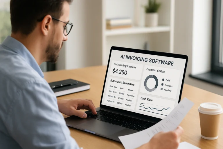 A realistic photo-style thumbnail of a laptop displaying an AI invoicing software dashboard with invoices, payment statuses, and cash flow insights in a clean modern office setting.