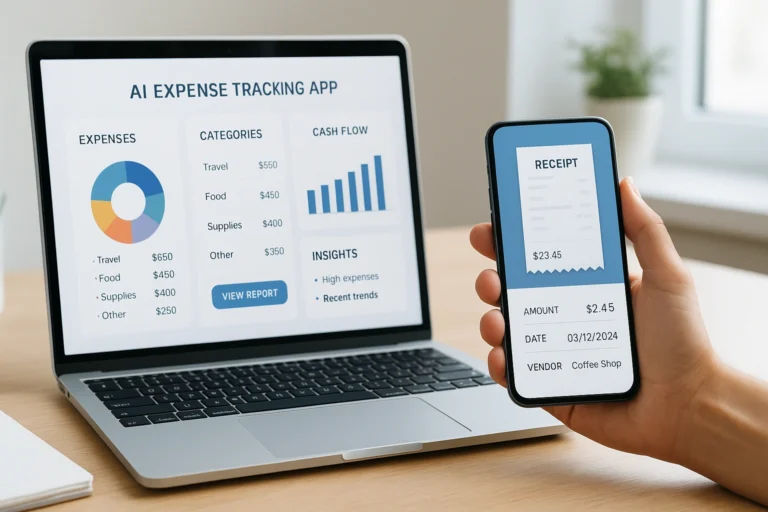 A realistic photo-style thumbnail showing a laptop and smartphone running an AI expense tracking app, with a receipt being scanned and expenses categorized on the dashboard.