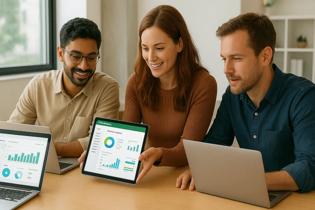 A small creative team working in a bright office with laptops and tablets, using AI accounting software like QuickBooks Online to automate finances and manage business expenses efficiently