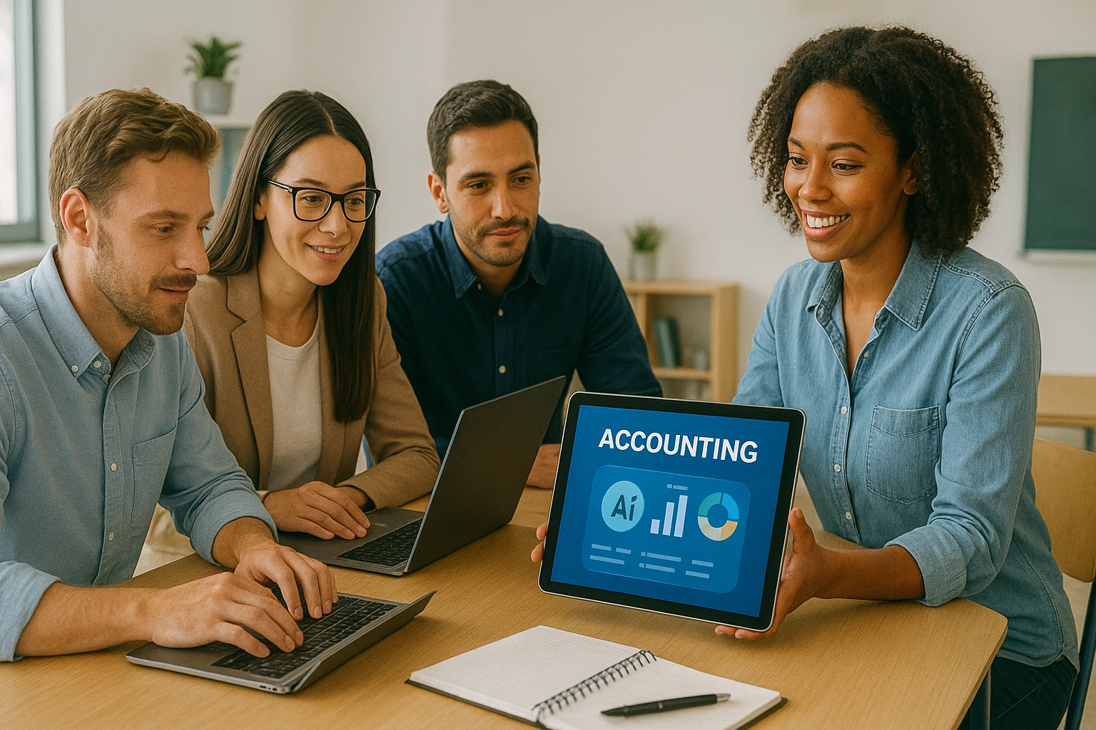 A small creative team working together in an office, representing the subject of an AI accounting case study.