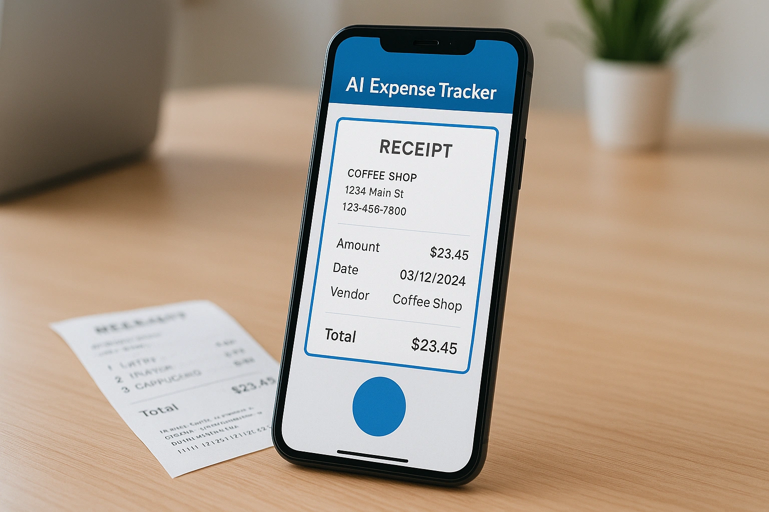 A smartphone running an AI expense tracking app scanning a receipt, with the app automatically extracting and displaying the transaction details.