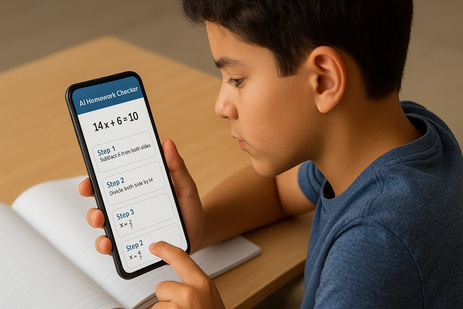A student using a smartphone with an AI homework checker app to solve a math problem, displaying step-by-step solutions on the screen.