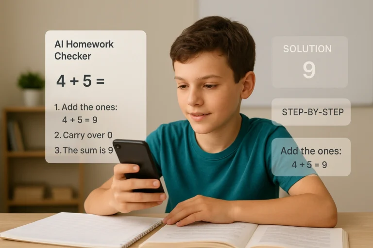 A student using an AI homework checker app on their smartphone to solve a math problem, with step-by-step solutions displayed on the screen.