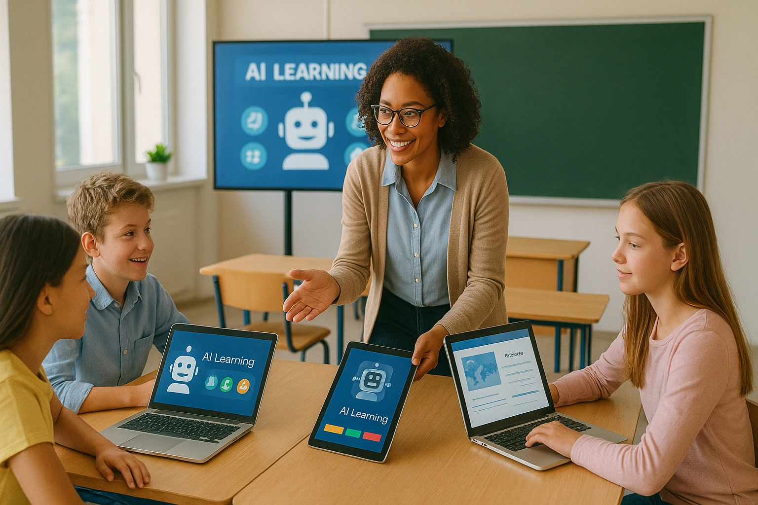 A teacher guiding students in a modern classroom while they collaborate using laptops and tablets with AI educational tools, illustrating a real-world AI in education case study.