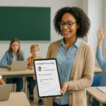 A teacher in a classroom using an AI tool on a tablet, illustrating real-world AI success stories in education that enhance student learning and save teachers time.
