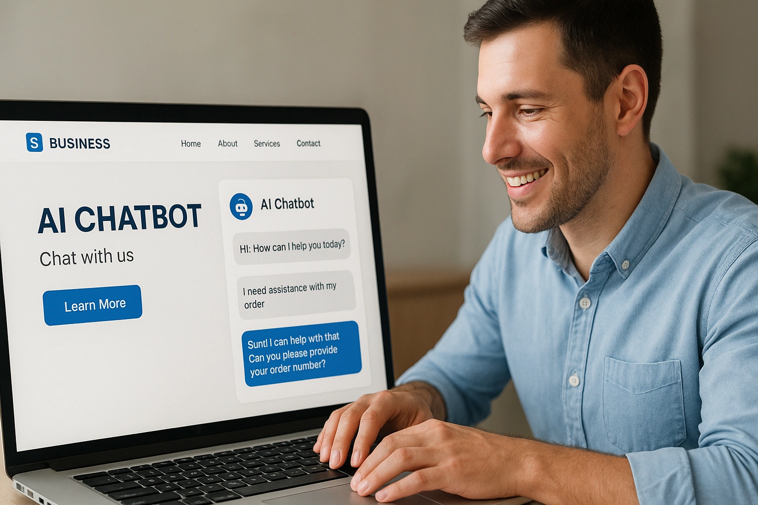 AI chatbot on a business website providing assistance to a customer through a live chat interface.