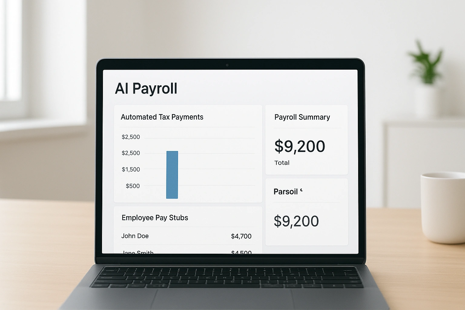 Clean AI payroll software dashboard on a laptop, displaying automated tax payments and employee pay stubs.