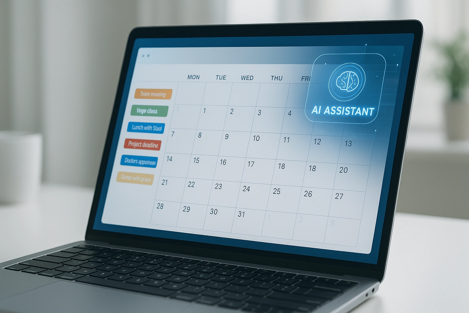 Clean and organized digital calendar displayed on a screen, being managed by an AI scheduling assistant, showing appointments, reminders, and optimized scheduling.