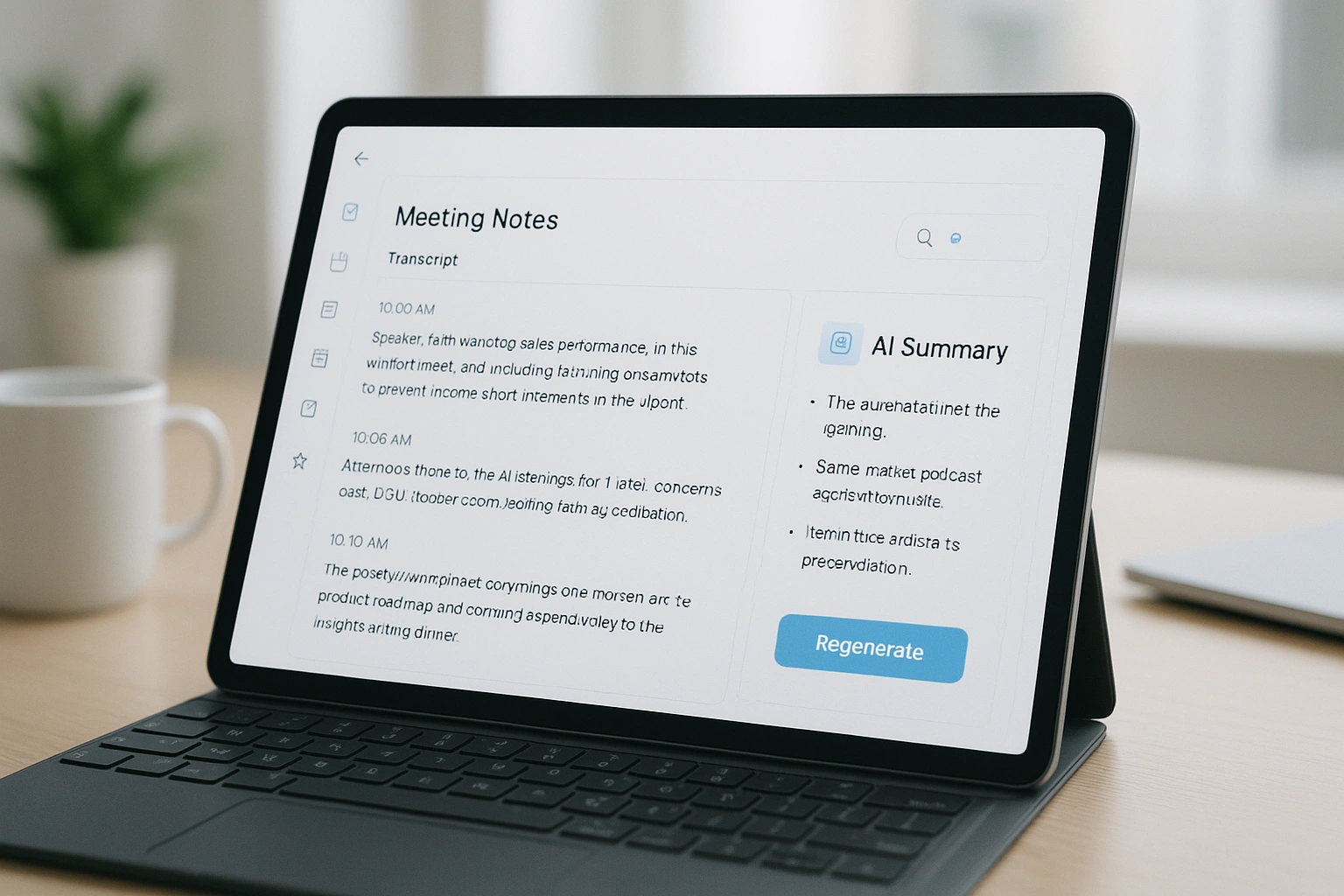 Close-up of a tablet screen displaying an AI note-taking app with a meeting transcript and automatically generated summary, highlighting smart organization and productivity.