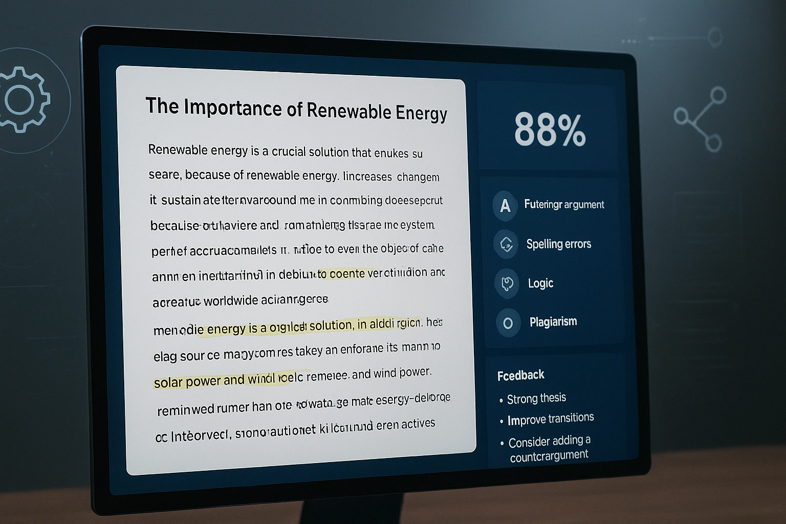 Computer screen showing an essay being analyzed by AI grading software, with metrics, feedback points, and gears representing automation and intelligence.