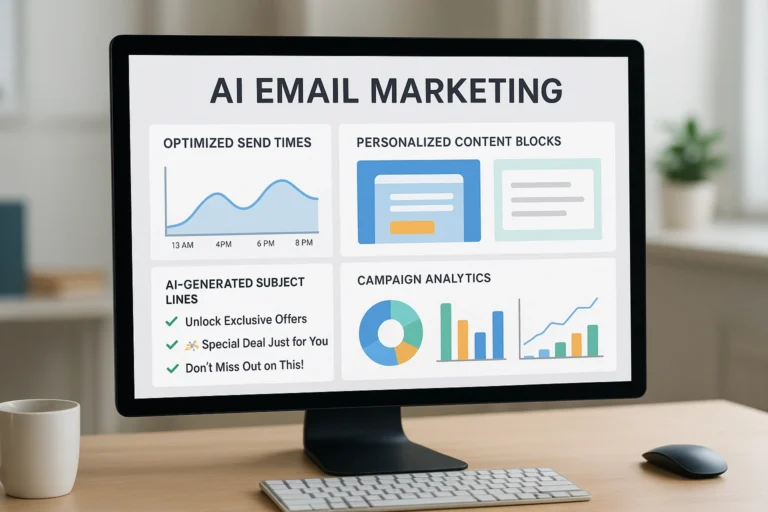 Dashboard for an AI email marketing tool showing optimized send times, AI-generated subject lines, personalized content blocks, and campaign performance analytics.