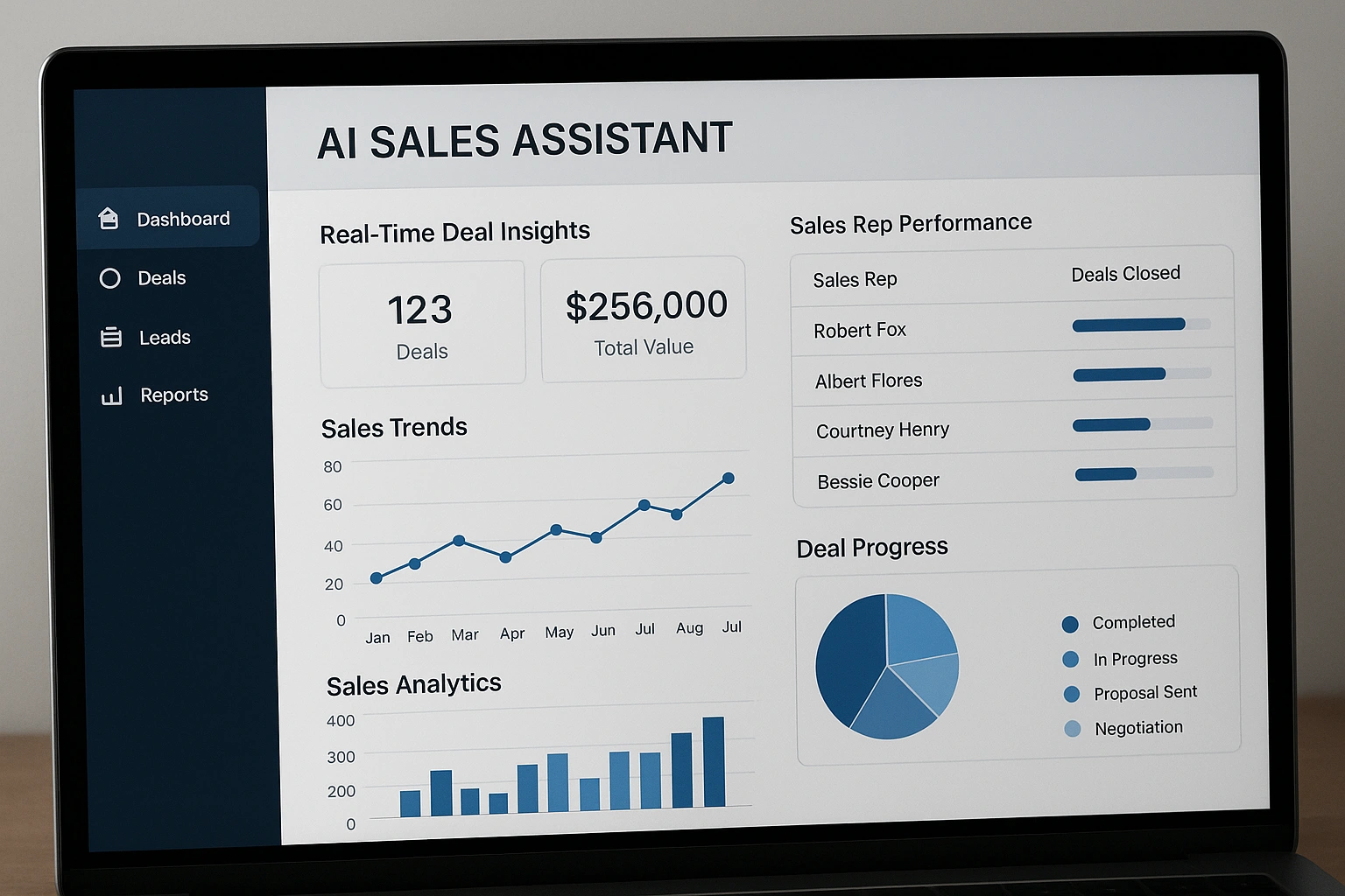 Dashboard of an AI sales assistant showing real-time deal insights, sales rep performance, and key metrics for business optimization.