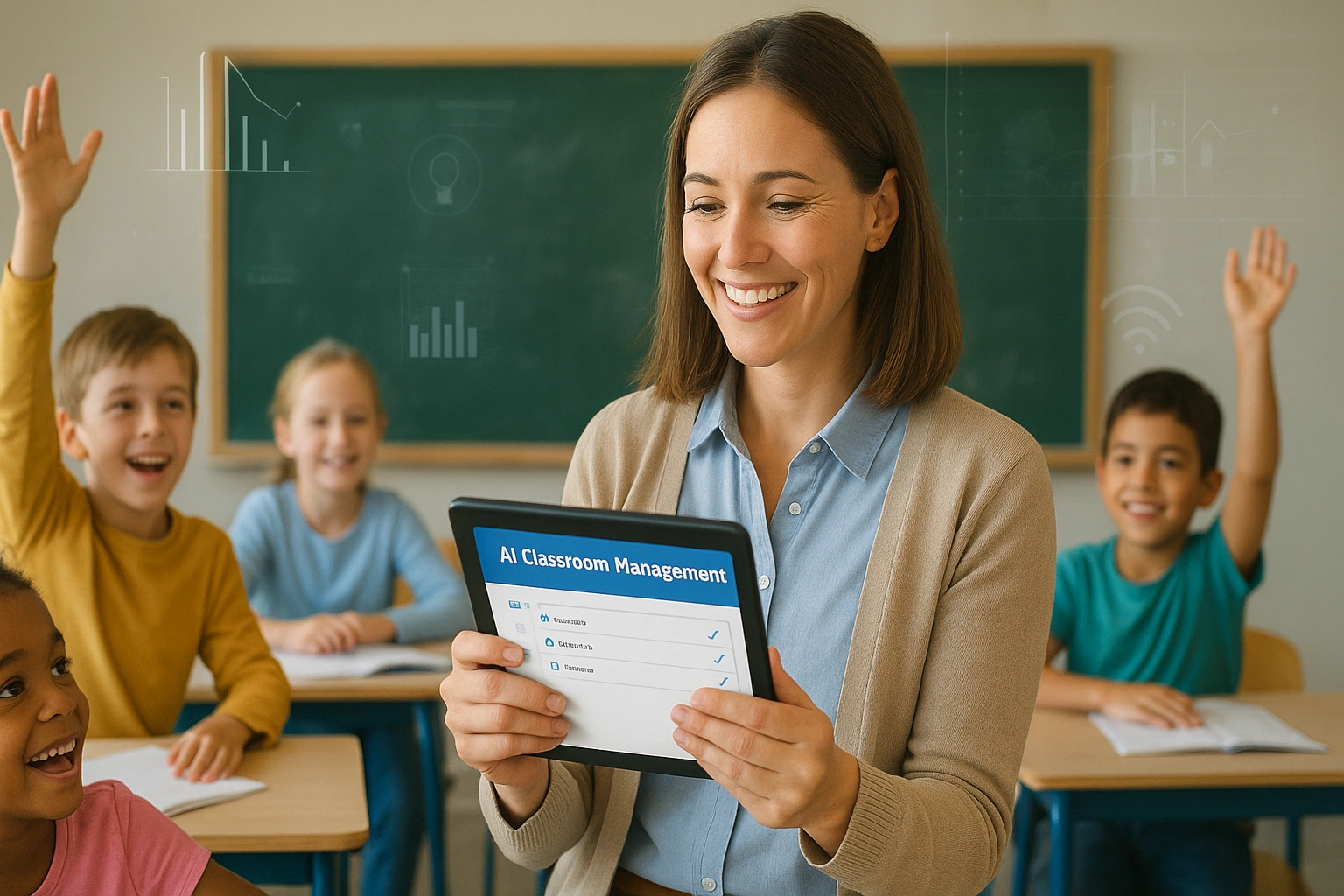 Elementary school teacher confidently using an AI classroom management app on a tablet, surrounded by engaged students, highlighting positive learning and tech integration