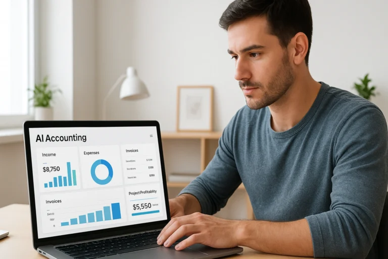 Freelancer using AI accounting tools on a laptop, showing a dashboard of income, expenses, invoices, and project profitability.