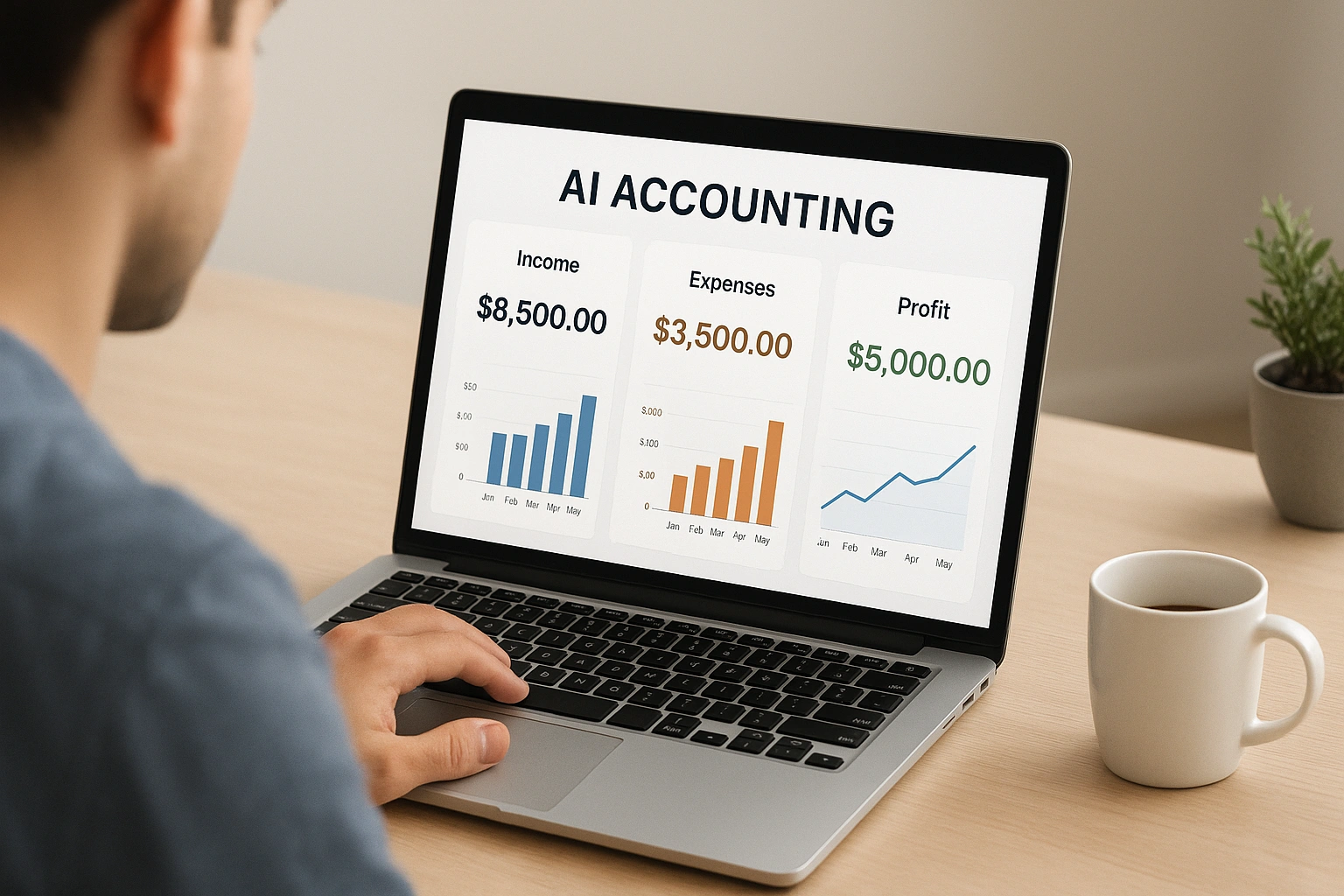 Freelancer using AI accounting tools on a laptop, viewing a clear dashboard with income, expenses, and profit.