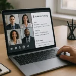 Illustration showing an AI note-taking app capturing a live meeting, generating real-time transcripts, speaker labels, and AI-generated summaries for enhanced productivity.