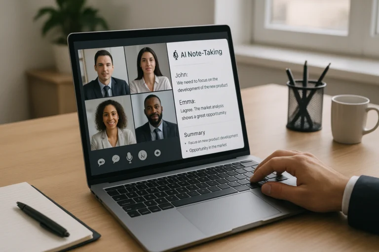 Illustration showing an AI note-taking app capturing a live meeting, generating real-time transcripts, speaker labels, and AI-generated summaries for enhanced productivity.
