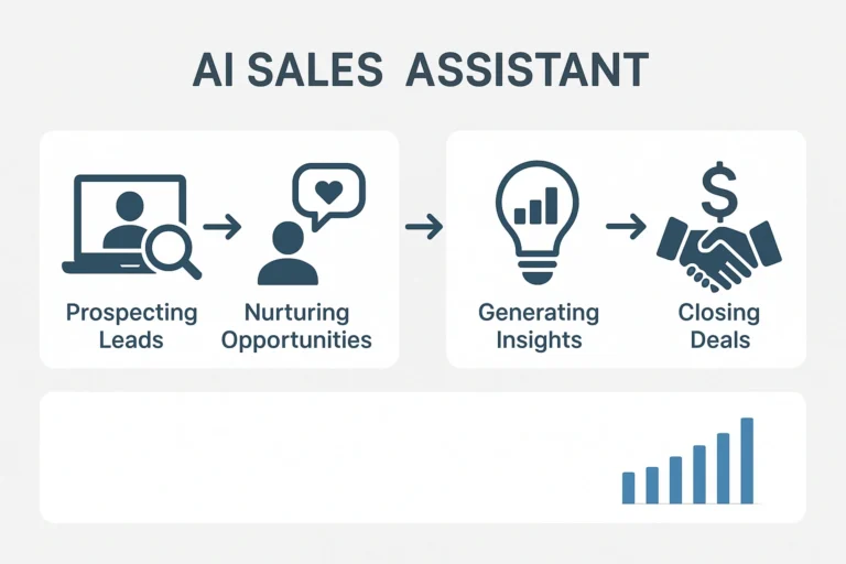 Infographic showing the core features of an AI sales assistant, including prospecting, opportunity management, insight generation, and closing deals.