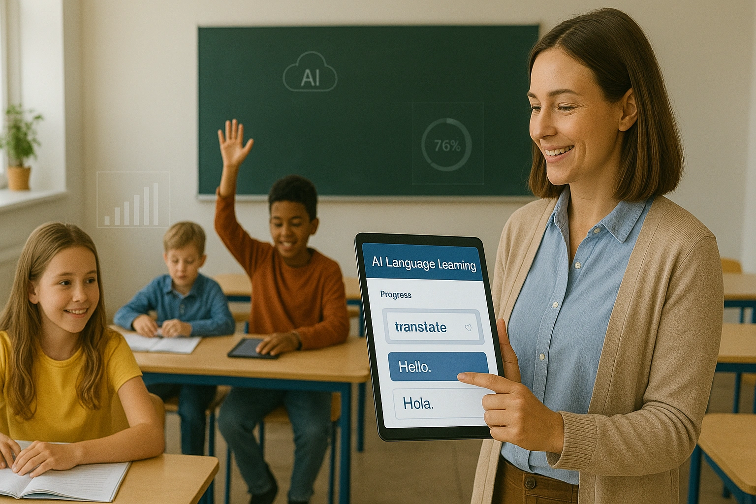 Language teacher using AI tools on a digital device in a modern classroom, with students engaging and digital indicators showing learning progress.