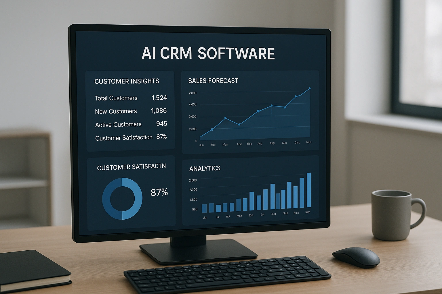 Modern AI CRM dashboard displaying customer insights, sales forecasts, and analytics on a computer screen.