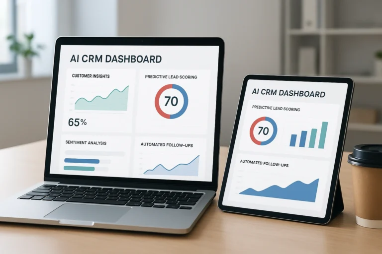 Modern AI CRM software dashboard displaying customer insights, predictive lead scoring, sentiment analysis, and automated follow-up tasks in a small business setting.