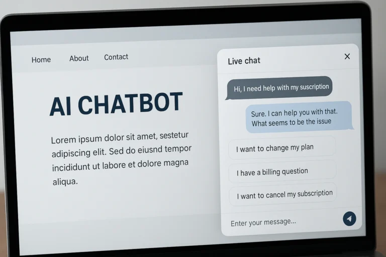 Screenshot of an AI chatbot for business interacting with a customer on a website, demonstrating automated customer support and live chat.