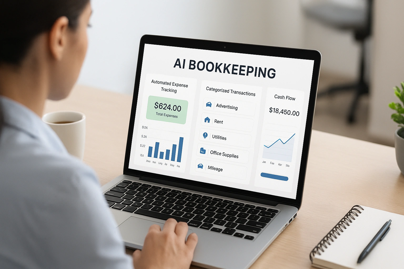 Small business owner using AI bookkeeping software with automated expense tracking, categorized transactions, and real-time cash flow on a laptop.