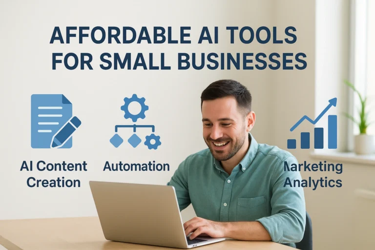 Small business owner using affordable AI tools on a laptop to manage marketing, content creation, and automation tasks.