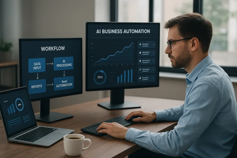 Startup founder using AI business automation tools on multiple screens, displaying workflow charts and dashboards to streamline operations.