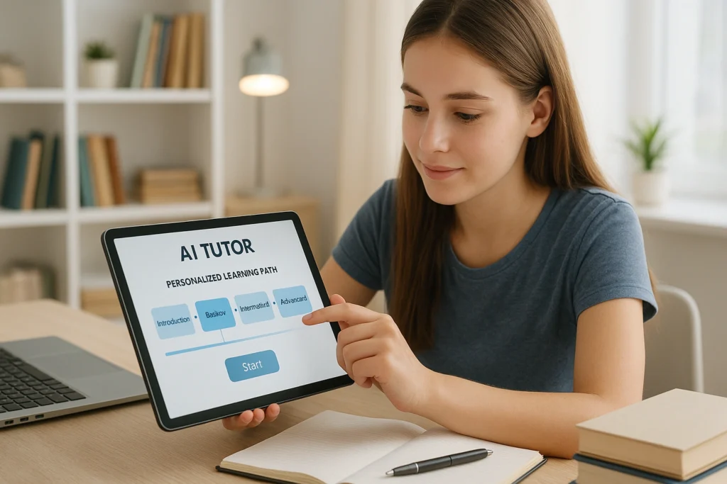 Student using an AI tutor on a tablet at home, with a personalized learning path displayed on the screen, representing AI learning assistant apps in action.