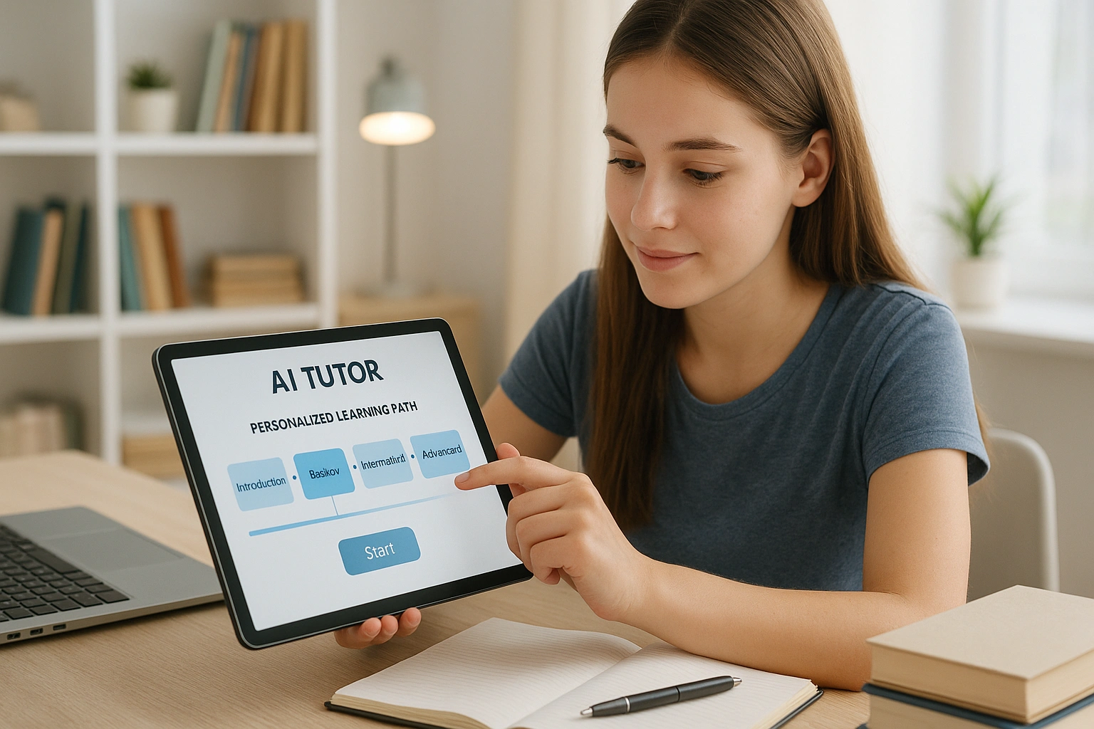 Student using an AI tutor on a tablet at home, with a personalized learning path displayed on the screen, representing AI learning assistant apps in action.