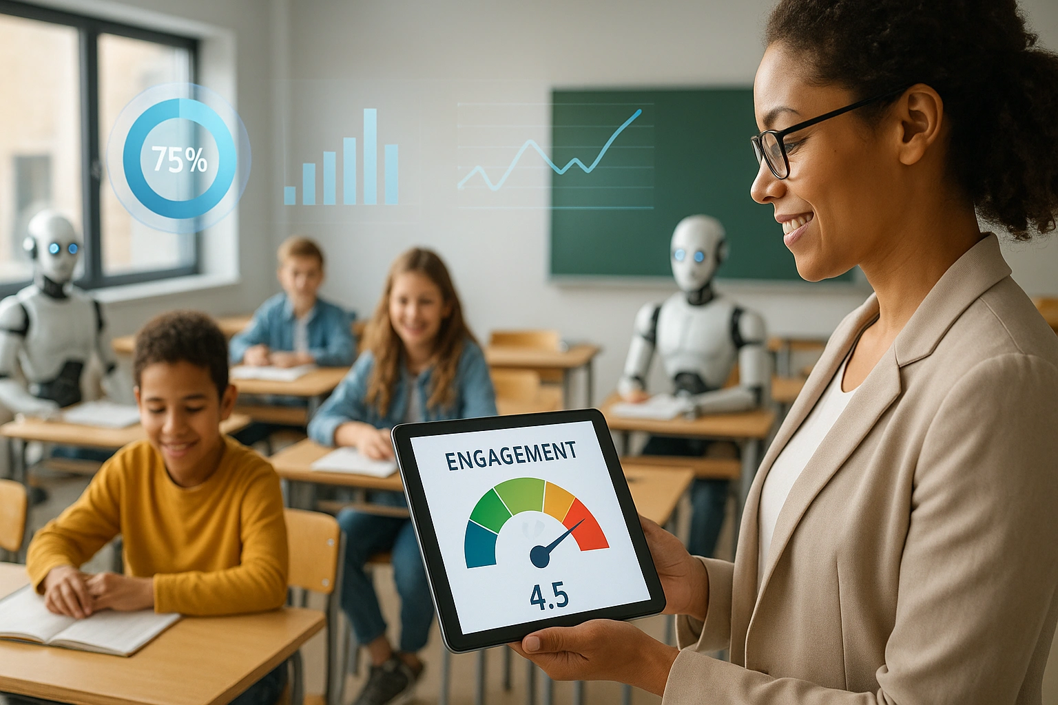 Teacher monitoring student activity on a tablet with data visualizations of engagement, while AI robots assist in the classroom, illustrating automation and enhanced learning.