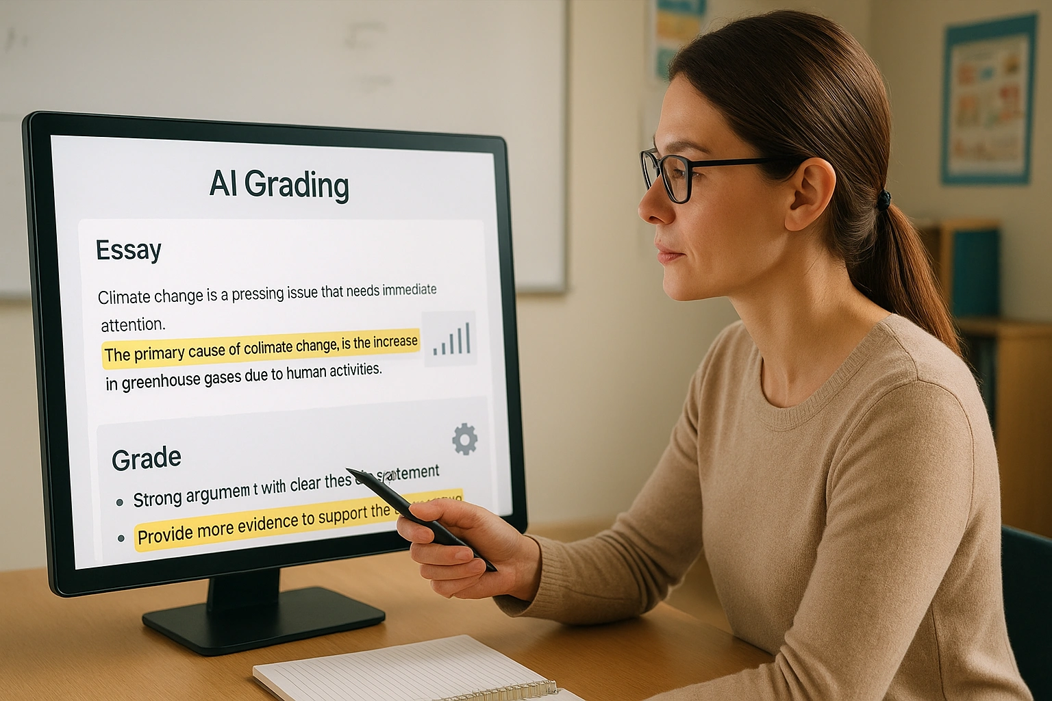 Teacher reviewing a digital screen with AI-generated grades and feedback for student essays, with highlighted areas for human input, showing collaboration between AI and educators.