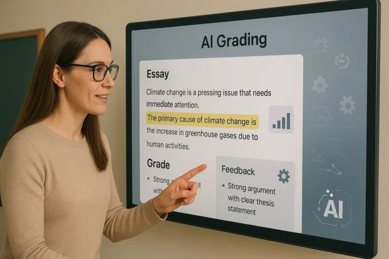 Teacher reviewing essays on a digital screen with AI-generated grades and feedback, highlighting areas for human input, symbolizing collaboration and automation in assessment.