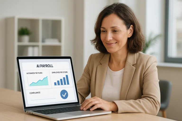 Thumbnail showing a small business owner using AI payroll software on a laptop, with a clear dashboard displaying automated payroll, tax filing, and compliance features.