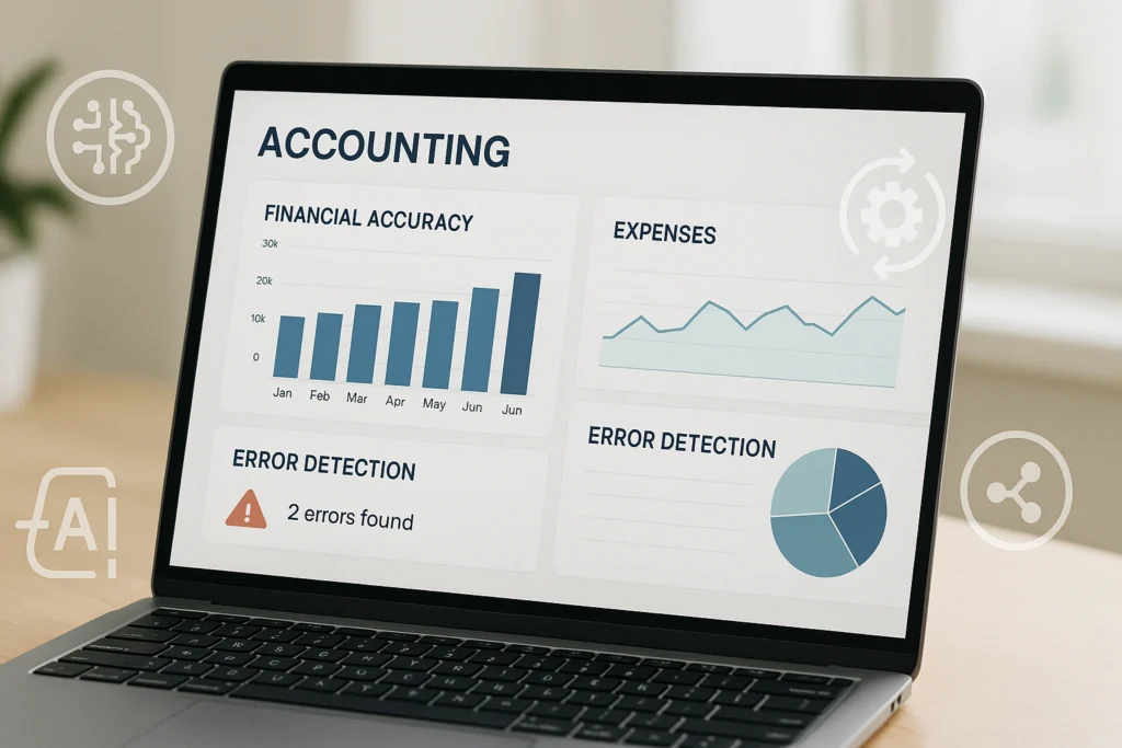 Thumbnail 169 showing a realistic photo-style AI accounting dashboard with highlighted error detection, clean financial charts, and automation icons, symbolizing how AI reduces accounting errors for small busi
