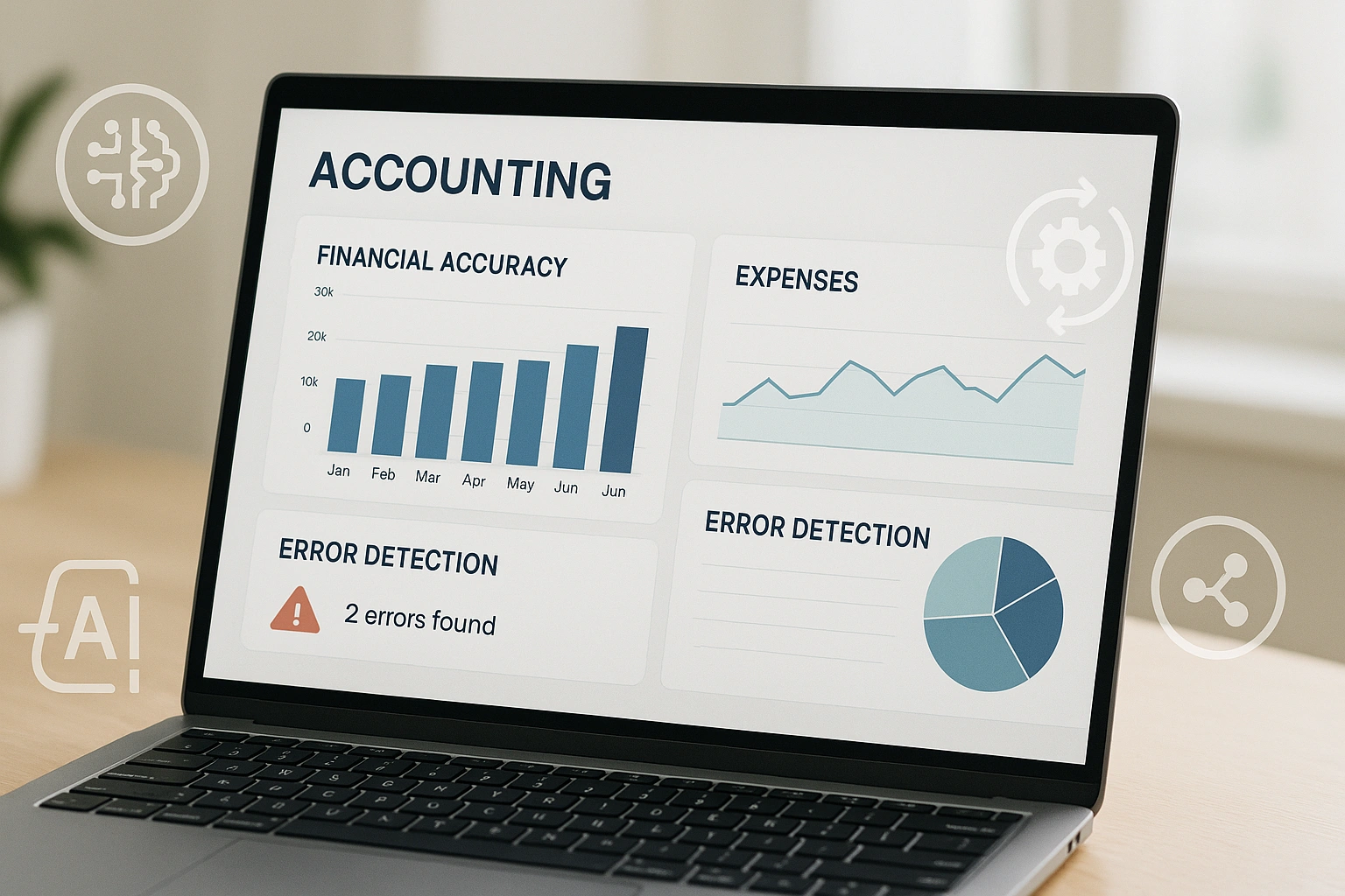 Thumbnail 169 showing a realistic photo-style AI accounting dashboard with highlighted error detection, clean financial charts, and automation icons, symbolizing how AI reduces accounting errors for small busi