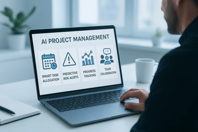 A realistic photo-style 169 thumbnail showing a modern project manager using AI project management software on a laptop, with a clean dashboard displaying smart task allocation, risk prediction, and progress t