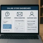 An online store dashboard showing AI automation in action, including a chatbot answering customer questions, email marketing workflows, and integrated data management, illustrating a small business AI success