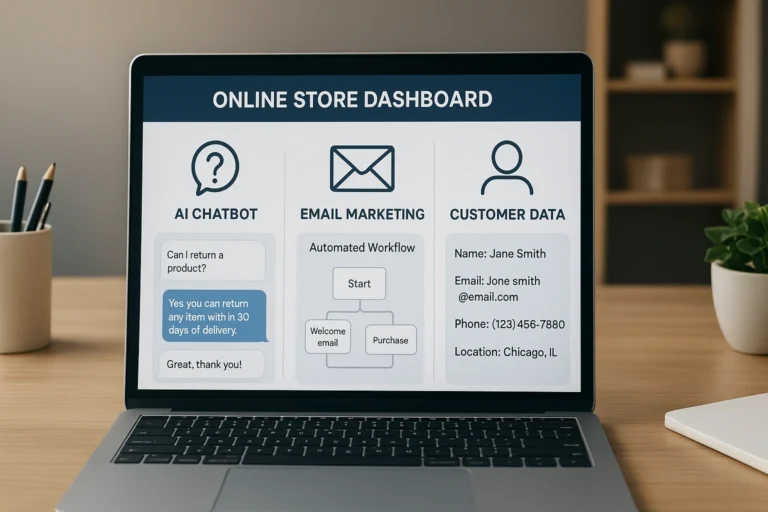 An online store dashboard showing AI automation in action, including a chatbot answering customer questions, email marketing workflows, and integrated data management, illustrating a small business AI success
