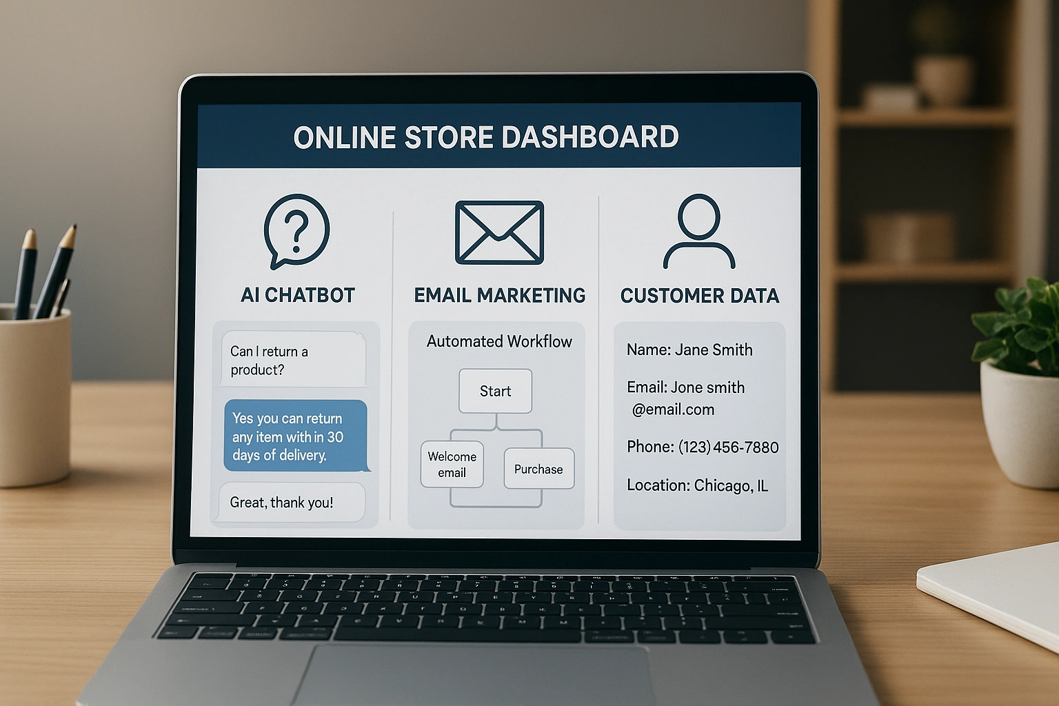 An online store dashboard showing AI automation in action, including a chatbot answering customer questions, email marketing workflows, and integrated data management, illustrating a small business AI success